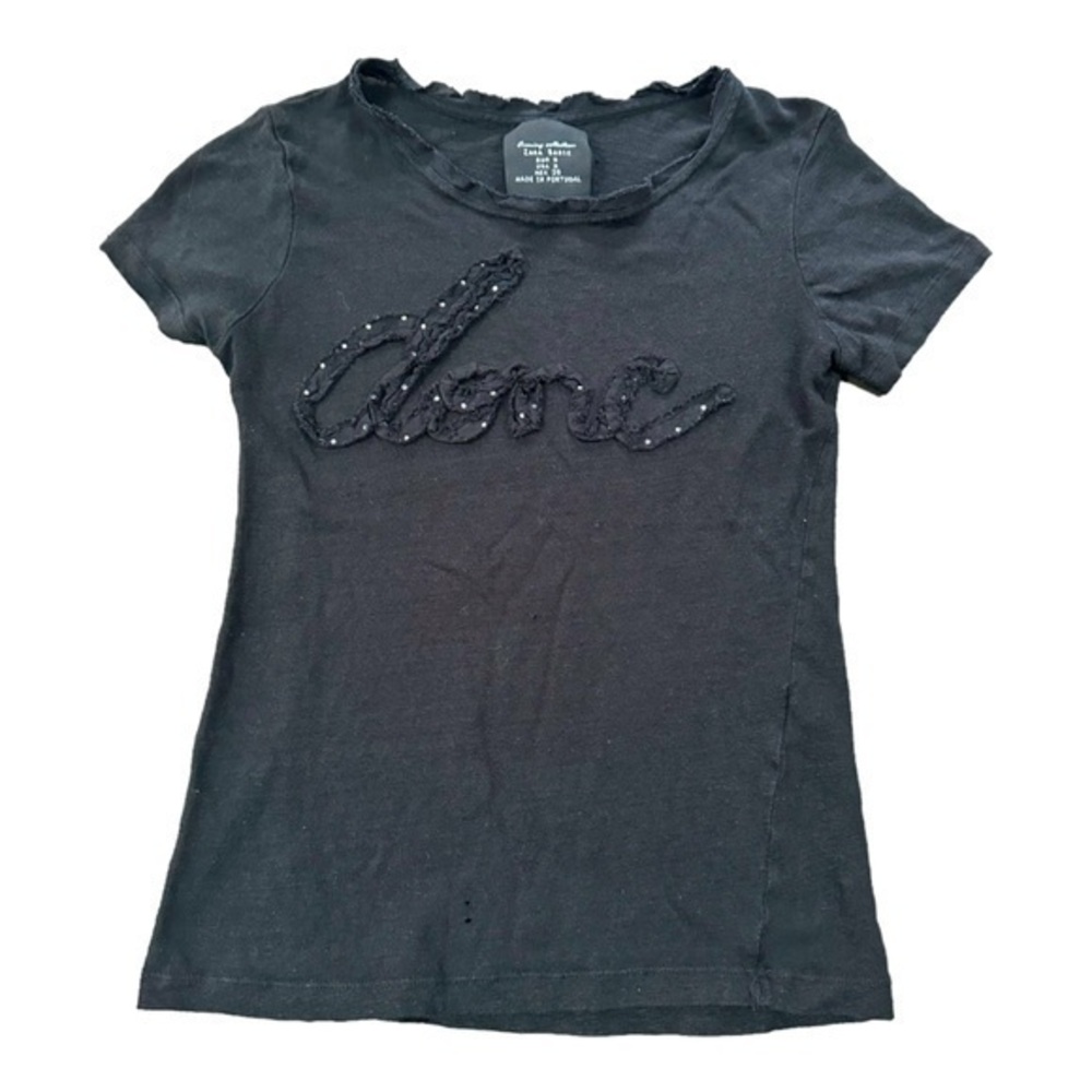 Zara Basic Raised Cursive Babydoll Black T-Shirt Evening Collecti…